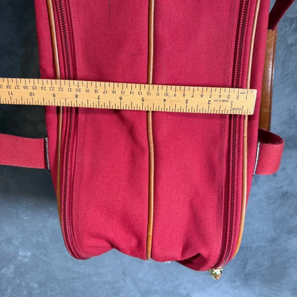 Lands End Red Canvas Duffle Bag Leather Trim Travel Carry On Weekender Luggage